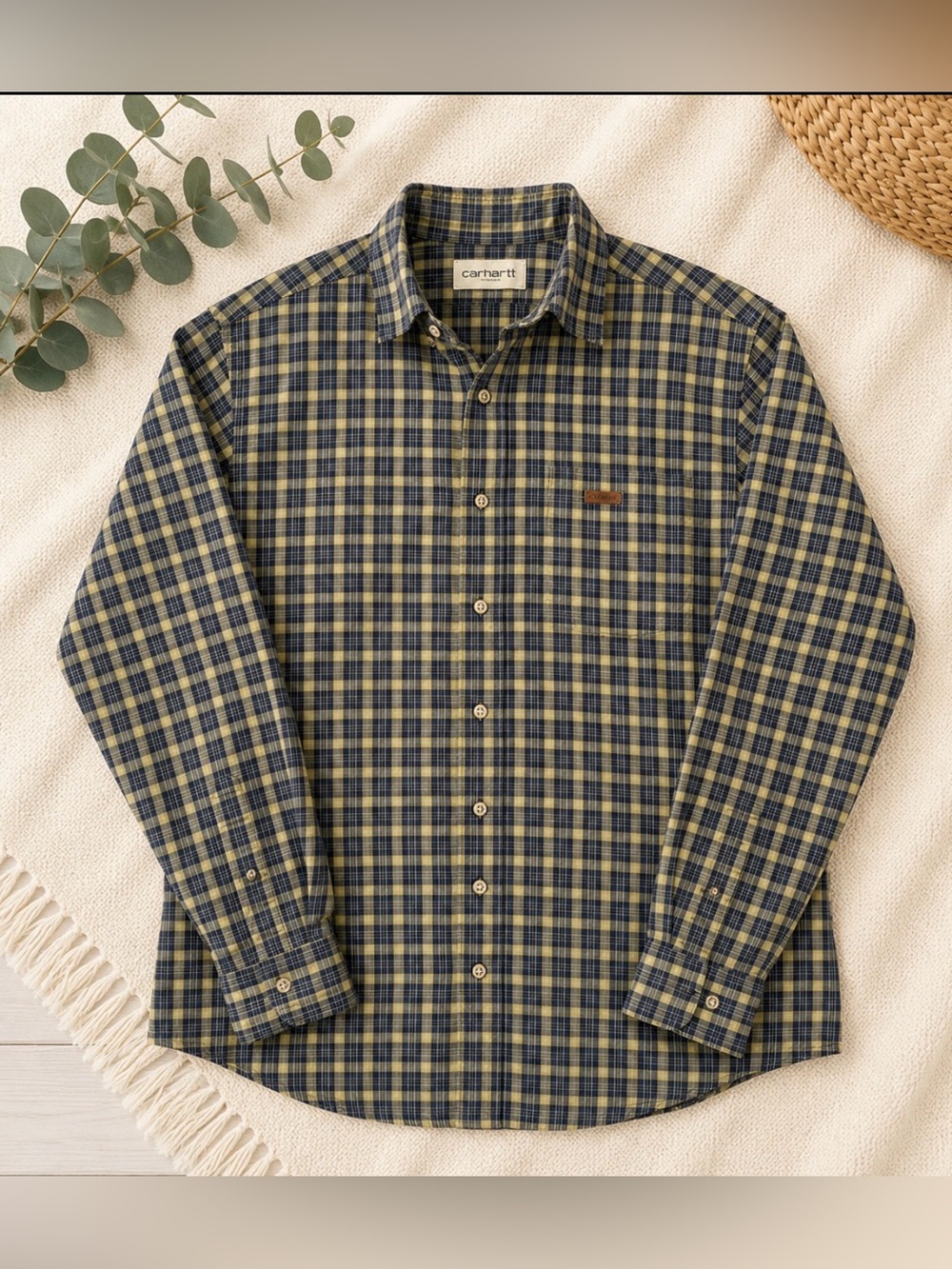Vintage Carhartt Plaid Button Down Shirt Large Tall Blue Green Workwear Cotton